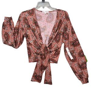 Another Reason Blouse Womens Medium Paisley Tie Front Long Sleeve Boho NWT